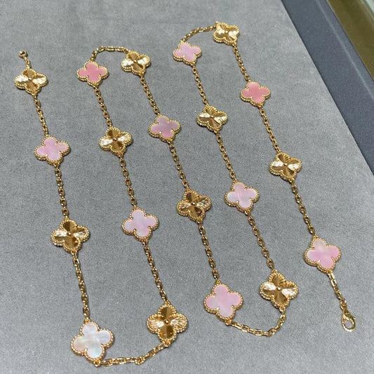 [ElanLuxe Jewelry]CLOVER 20 MOTIFS LASER PINK MOP NECKLACE