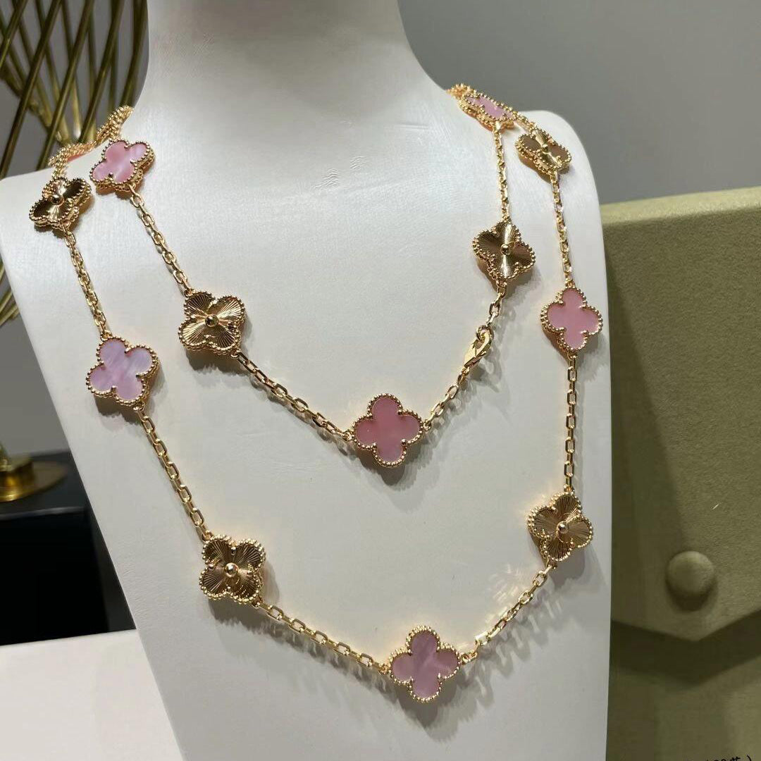 [ElanLuxe Jewelry]CLOVER 20 MOTIFS LASER PINK MOP NECKLACE