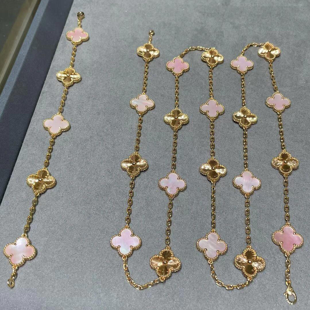 [ElanLuxe Jewelry]CLOVER 20 MOTIFS LASER PINK MOP NECKLACE