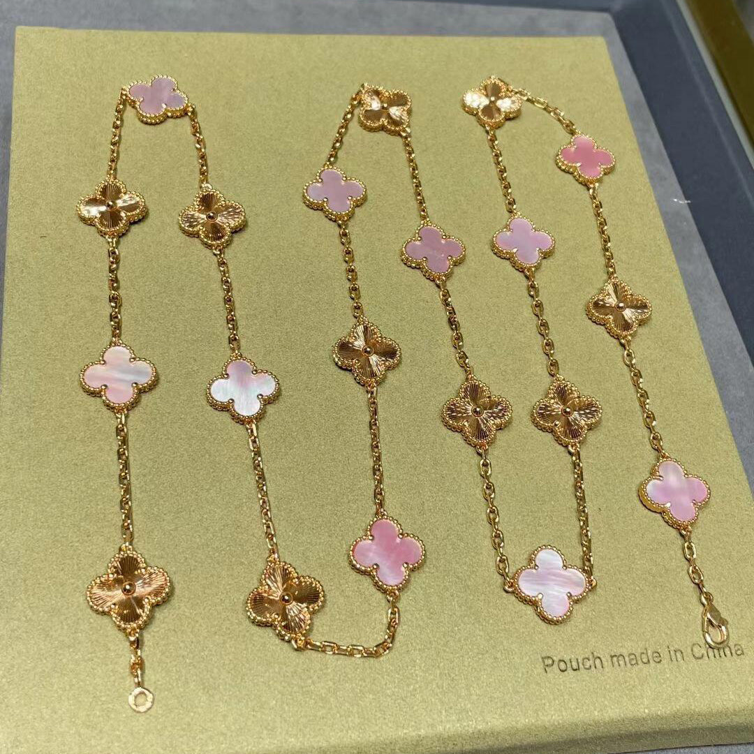 [ElanLuxe Jewelry]CLOVER 20 MOTIFS LASER PINK MOP NECKLACE