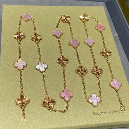 [ElanLuxe Jewelry]CLOVER 20 MOTIFS LASER PINK MOP NECKLACE