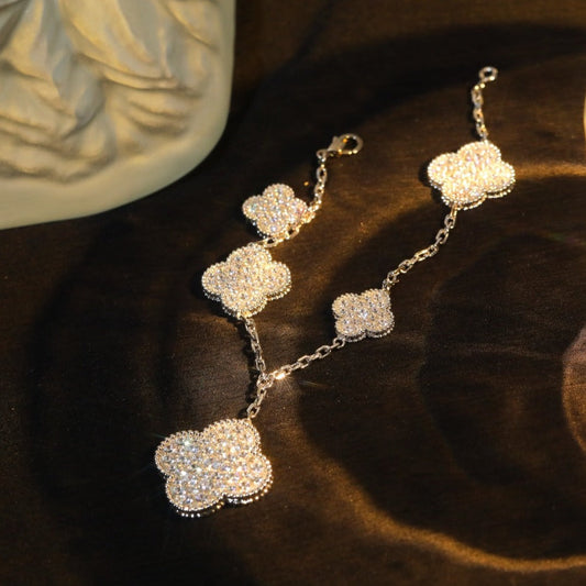 [ElanLuxe Jewelry]CLOVER BRACELET 5 MOTIF SILVER DIAMOND PAVED