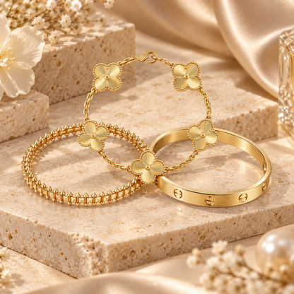 [ElanLuxe Jewelry] CLASH & Clover Laser 5-Motif & LOVE Brushed Bracelet Stack Set
