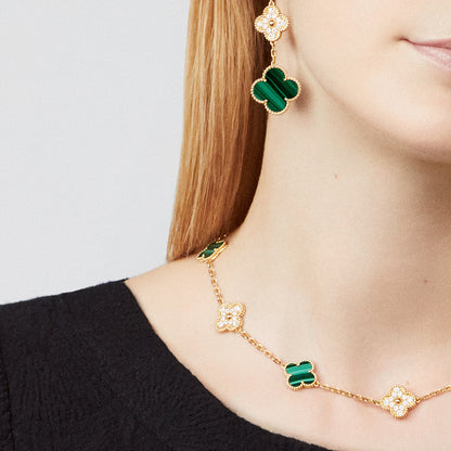 [ElanLuxe Jewelry]CLOVER 10 MOTIFS MALACHITE DIAMOND NECKLACE