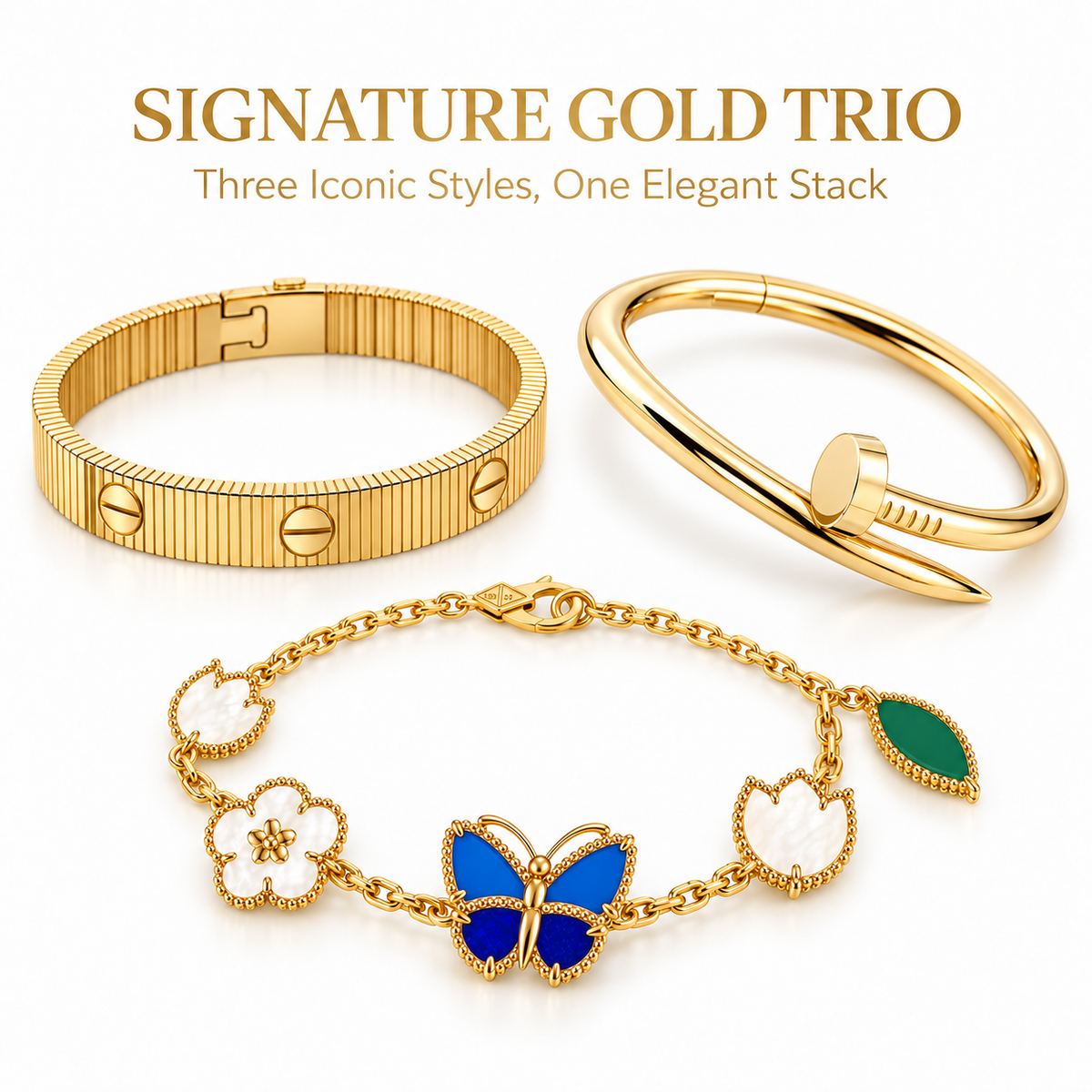 [ElanLuxe Jewelry]Clover Lucky Spring & Love & Juste Garden 3-Piece  Bracelet Stack Set