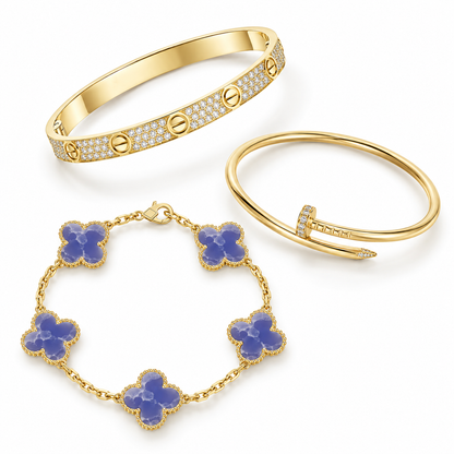 [ElanLuxe Jewelry] LOVE & JUSTE & Blue Veins Clover 5-Motif Diamond Bracelet Stack Set