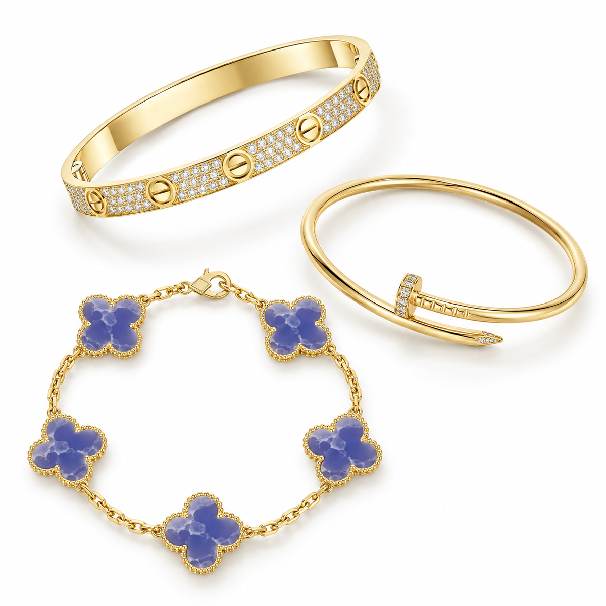 [ElanLuxe Jewelry] LOVE & JUSTE & Blue Veins Clover 5-Motif Diamond Bracelet Stack Set
