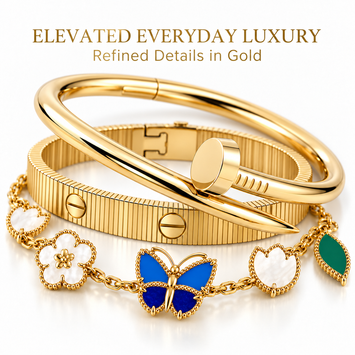 [ElanLuxe Jewelry]Clover Lucky Spring & Love & Juste Garden 3-Piece  Bracelet Stack Set