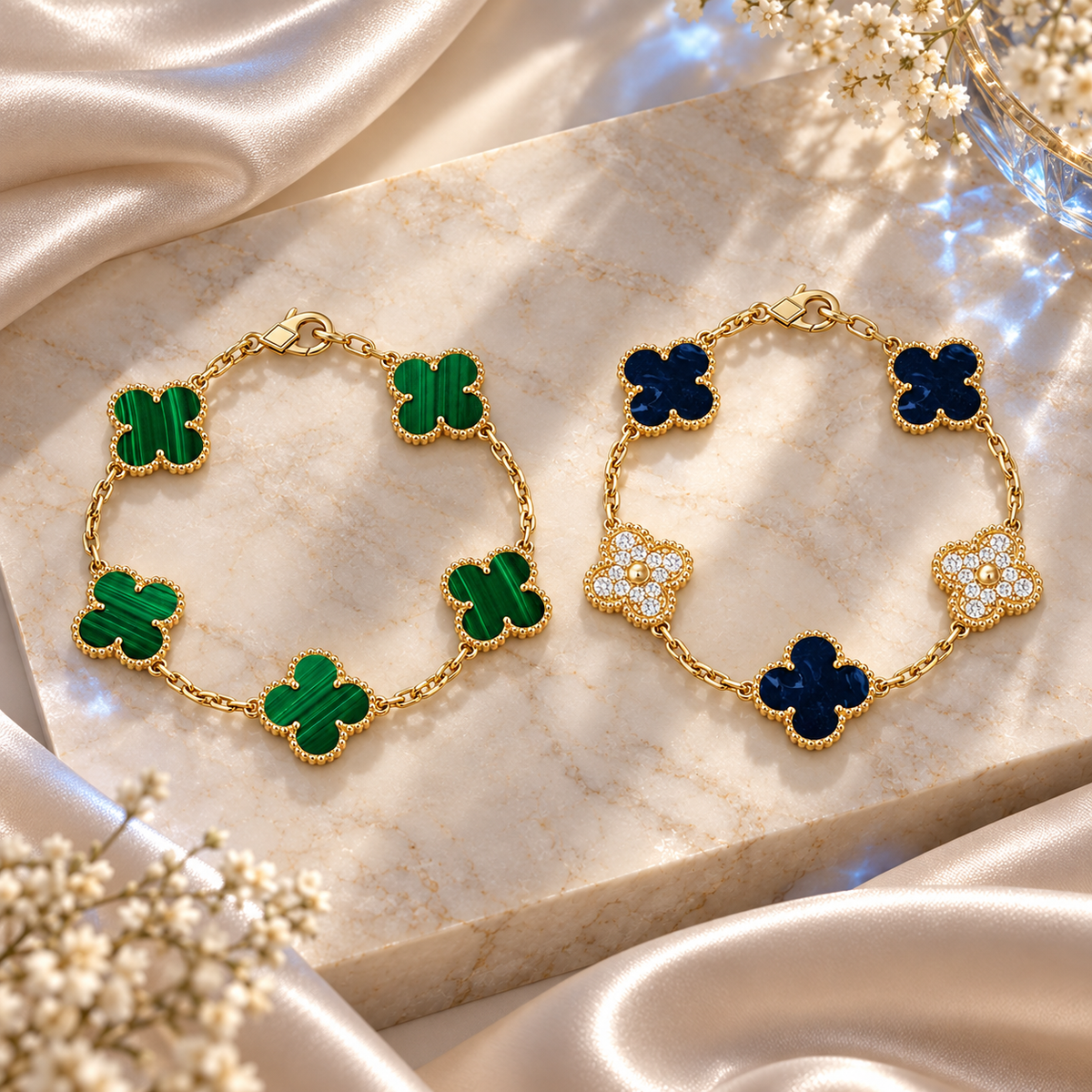 [ElanLuxe Jewelry]Clover 5-Motif Malachite & Pietersite Bracelet Stack Set