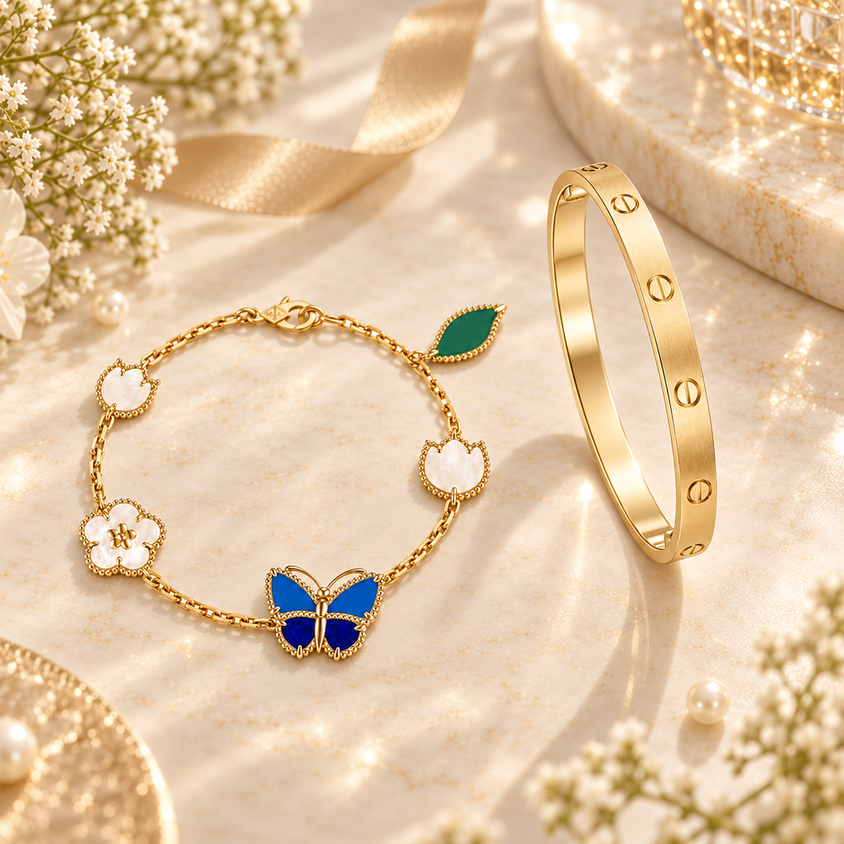 [ElanLuxe Jewelry] LOVE Brushed & Lucky Spring Butterfly 5-Motif Bracelet Stack Set