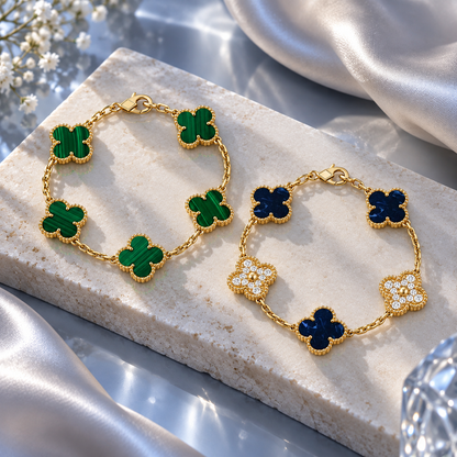 [ElanLuxe Jewelry]Clover 5-Motif Malachite & Pietersite Bracelet Stack Set