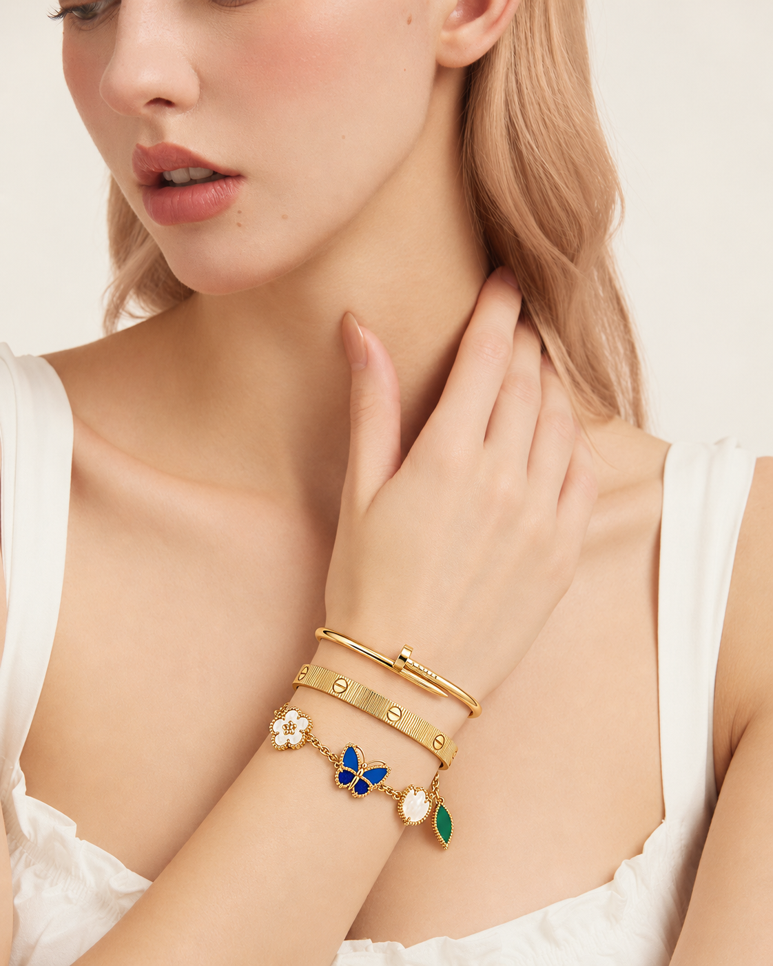 [ElanLuxe Jewelry]Clover Lucky Spring & Love & Juste Garden 3-Piece  Bracelet Stack Set