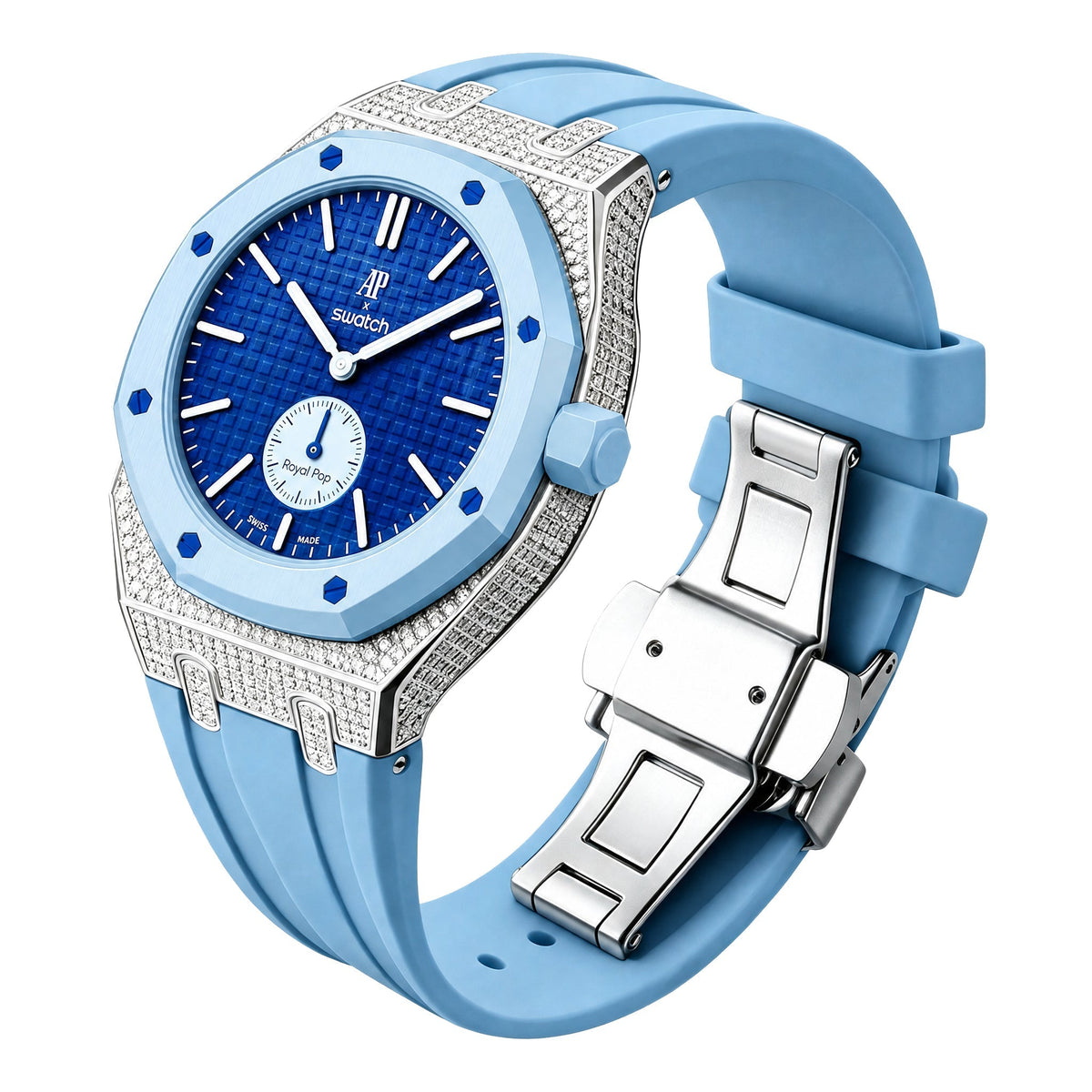 Strap For Ap Swatch Royal Oak Pop Exclusive Steel Case With Diamond(Moissanite) & Silicone Strap