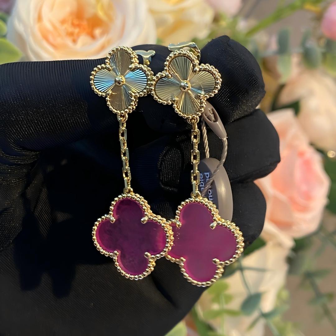 [ElanLuxe Jewelry]NEW CLOVER 2 MOTIF PINK ENAMEL EARRINGS