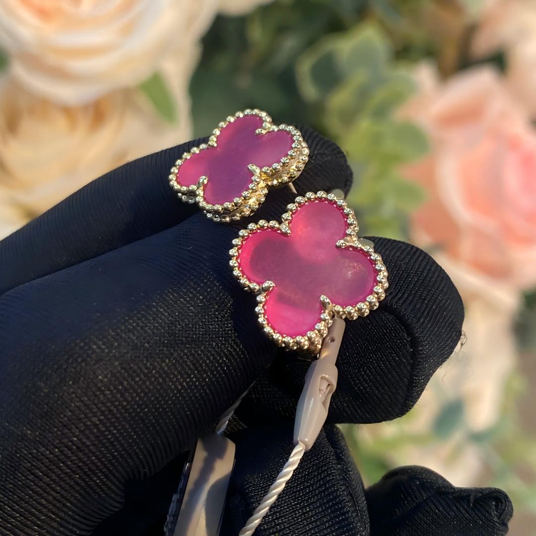 [ElanLuxe Jewelry]NEW CLOVER 15MM PINK ENAMEL STUD EARRINGS