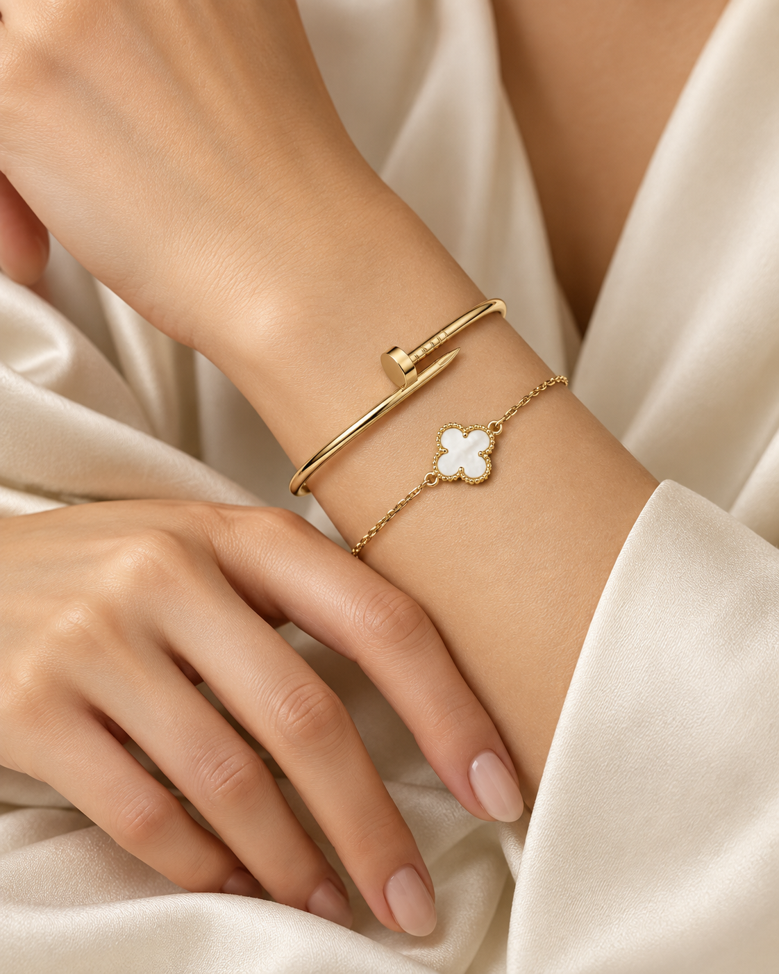 [ElanLuxe Jewelry] Clover White Mother-of-Pearl & JUSTE Bracelet Stack Set