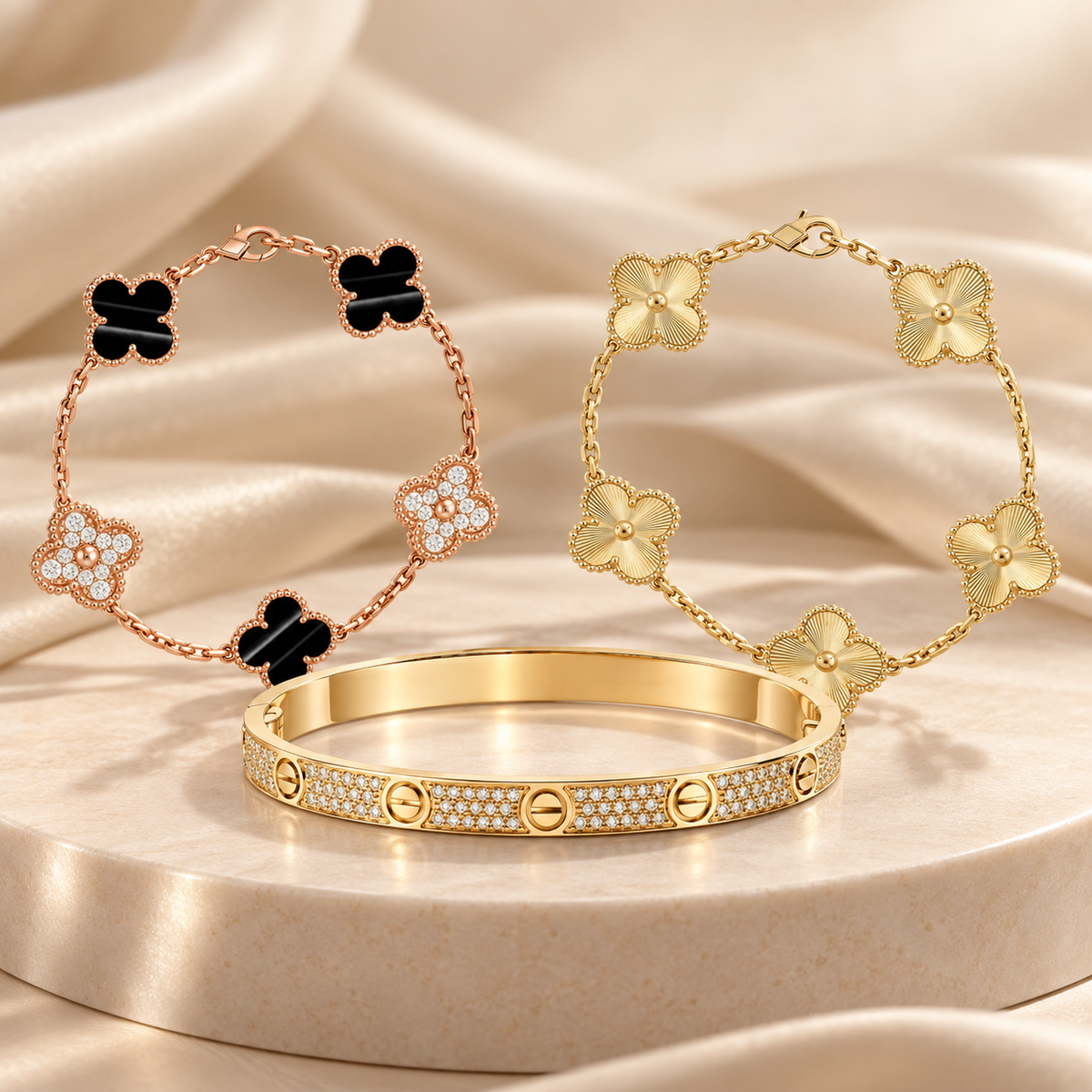 [ElanLuxe Jewelry]Clover Laser  Pulsar Stone 5-Motif & LOVE Diamond-Paved Bracelet Stack Set