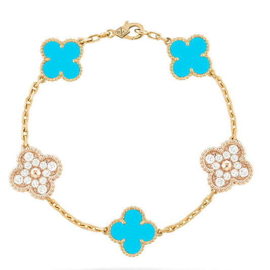 [ElanLuxe Jewelry]CLOVER 5 MOTIF TURQUOISE DIAMOND GOLD BRACELET