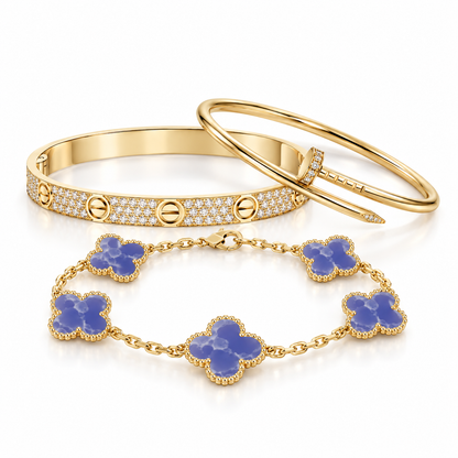 [ElanLuxe Jewelry] LOVE & JUSTE & Blue Veins Clover 5-Motif Diamond Bracelet Stack Set