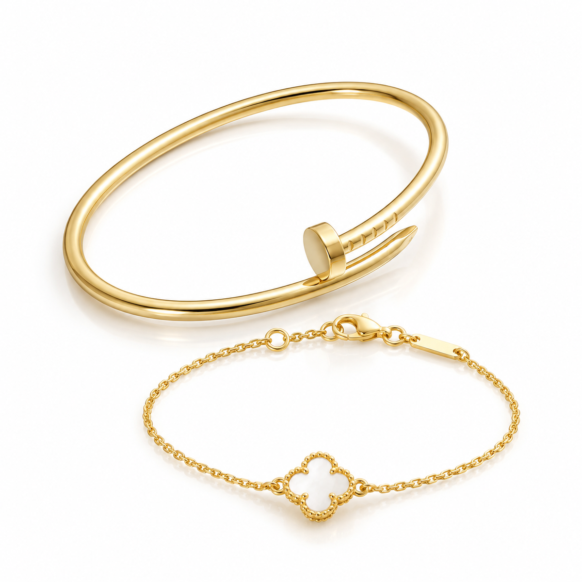 [ElanLuxe Jewelry] Clover White Mother-of-Pearl & JUSTE Bracelet Stack Set