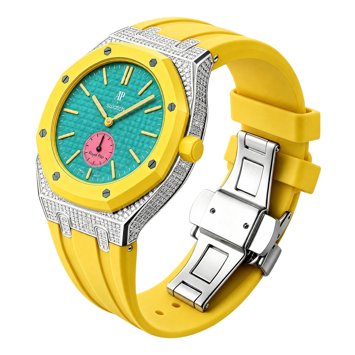 Strap For Ap Swatch Royal Oak Pop Exclusive Steel Case With Diamond(Moissanite) & Silicone Strap