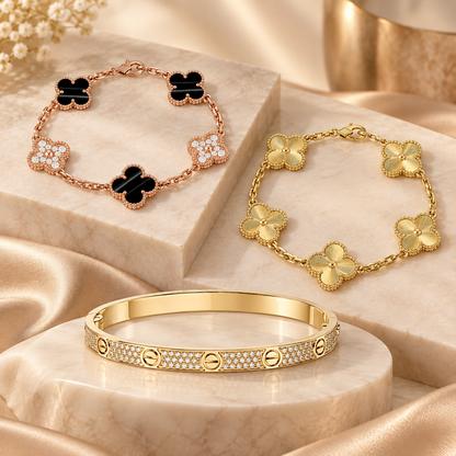 [ElanLuxe Jewelry]Clover Laser  Pulsar Stone 5-Motif & LOVE Diamond-Paved Bracelet Stack Set