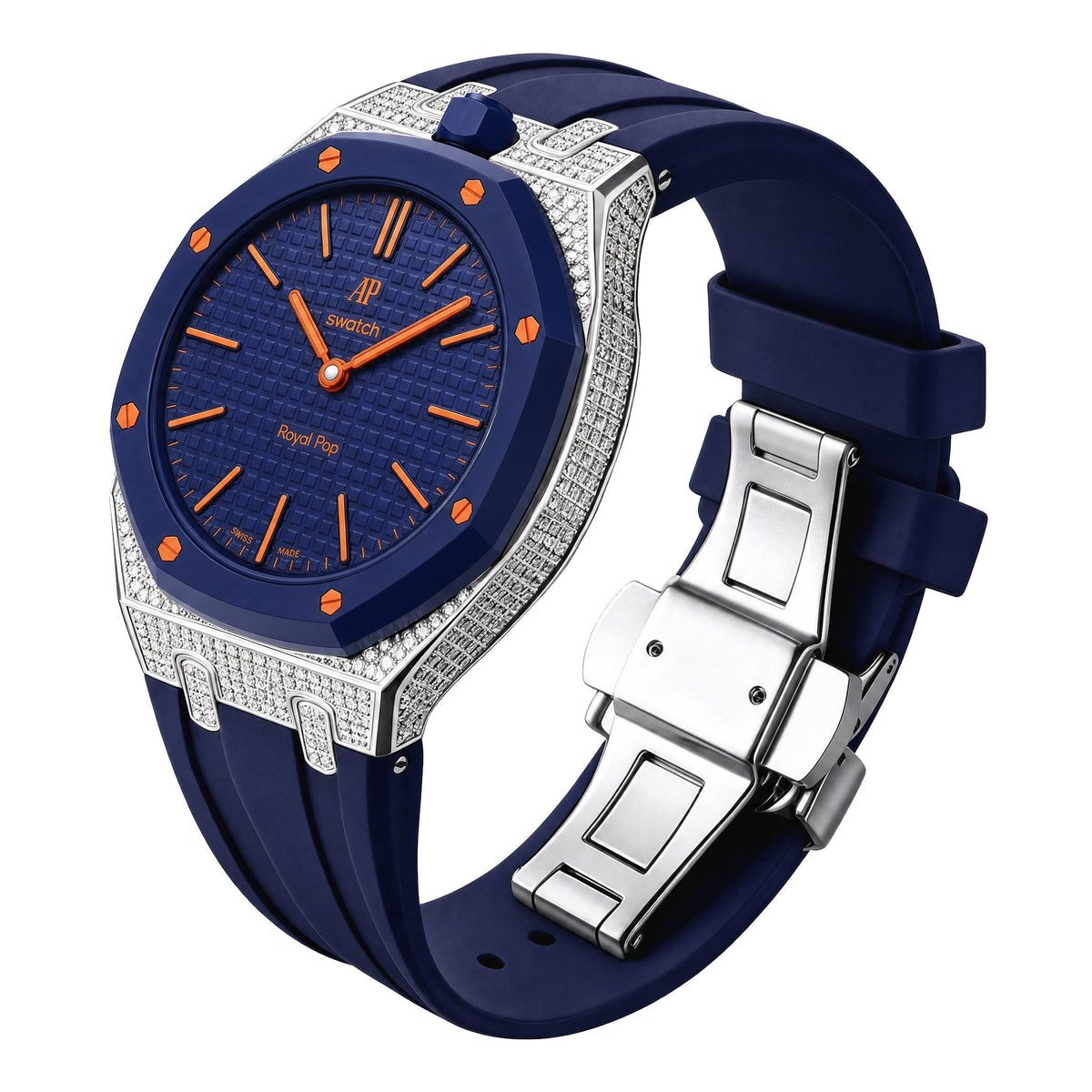 Strap For Ap Swatch Royal Oak Pop Exclusive Steel Case With Diamond(Moissanite) & Silicone Strap