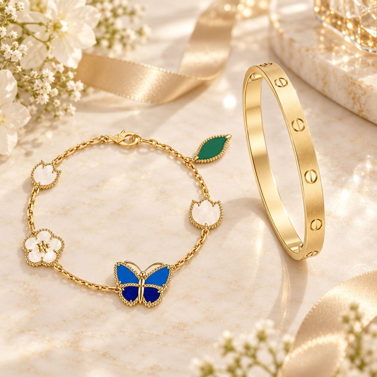 [ElanLuxe Jewelry] LOVE Brushed & Lucky Spring Butterfly 5-Motif Bracelet Stack Set