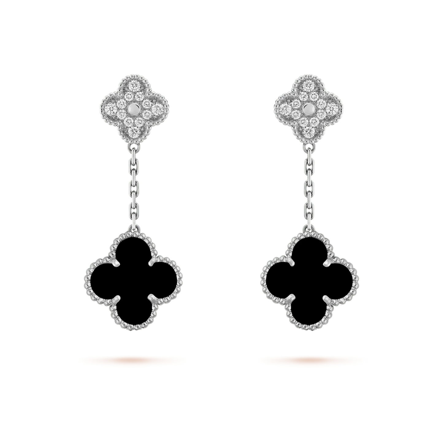 [ElanLuxe Jewelry]CLOVER 2 MOTIFS  DIAMOND ONYX EARRINGS SILVER