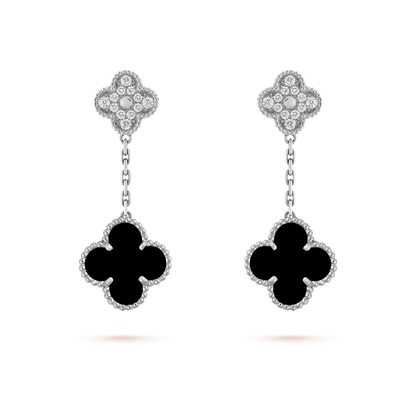 [ElanLuxe Jewelry]CLOVER 2 MOTIFS  DIAMOND ONYX EARRINGS SILVER