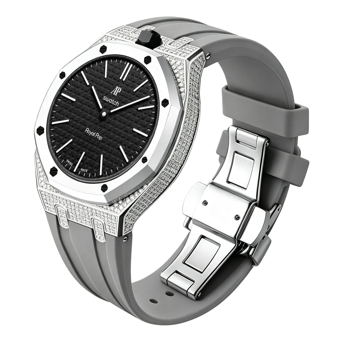 Strap For Ap Swatch Royal Oak Pop Exclusive Steel Case With Diamond(Moissanite) & Silicone Strap