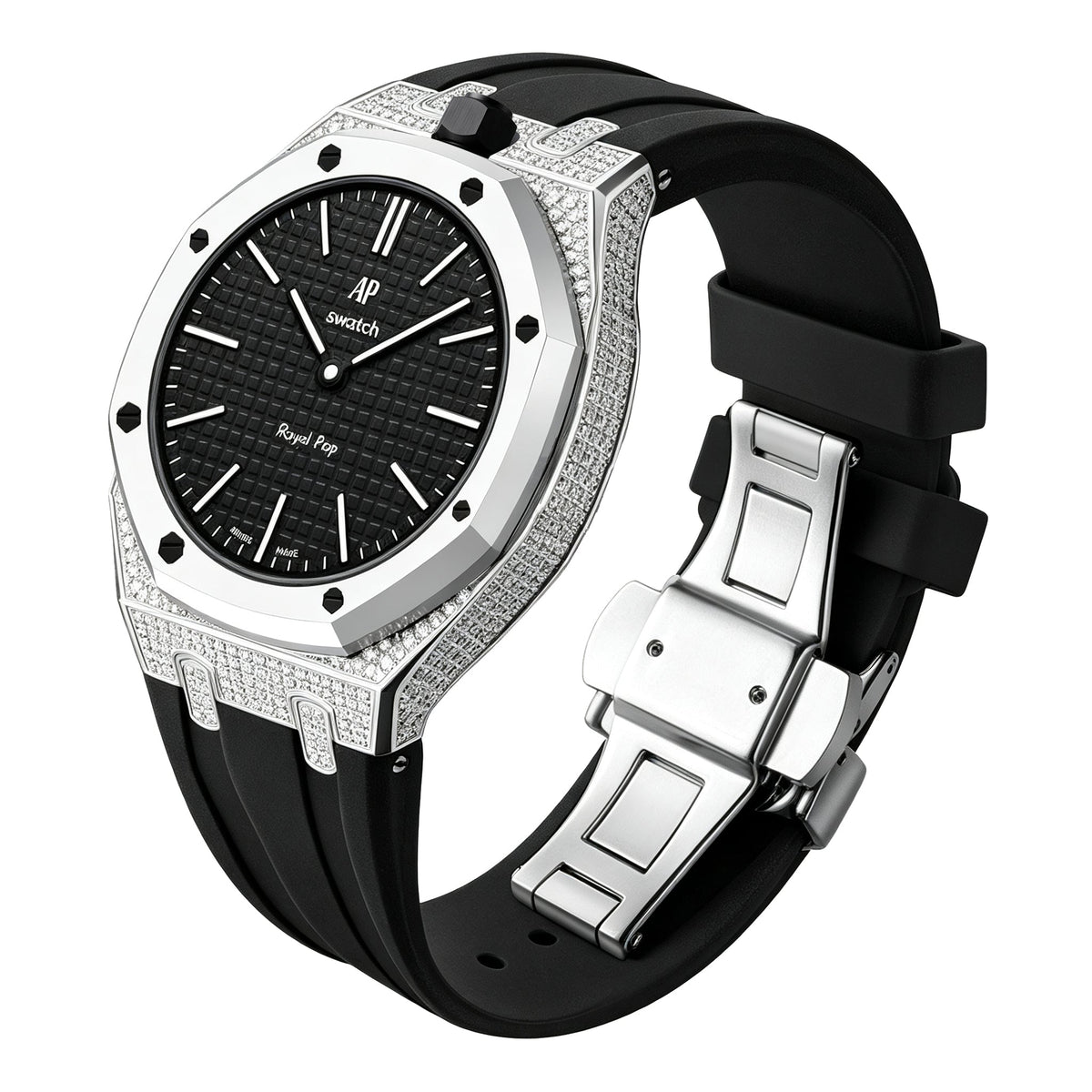 Strap For Ap Swatch Royal Oak Pop Exclusive Steel Case With Diamond(Moissanite) & Silicone Strap