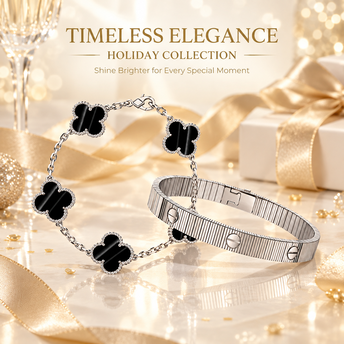 [ElanLuxe Jewelry] Clover 5-Motif & LOVE Unlimited Bracelet Set