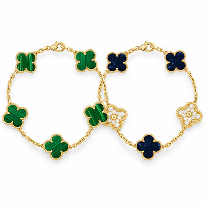 [ElanLuxe Jewelry]Clover 5-Motif Malachite & Pietersite Bracelet Stack Set