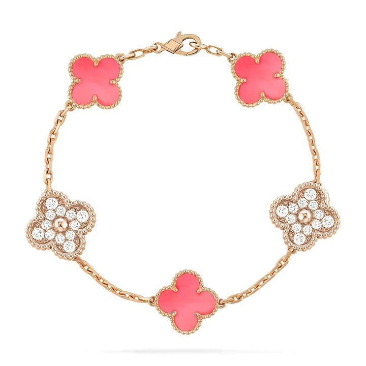 [ElanLuxe Jewelry]CLOVER 5 MOTIF DIAMOND PINK MOP PINK GOLD BRACELET