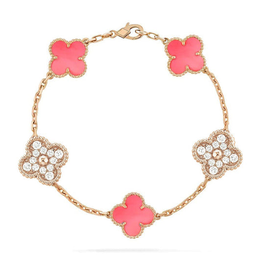 [ElanLuxe Jewelry]CLOVER 5 MOTIF DIAMOND PINK MOP PINK GOLD BRACELET