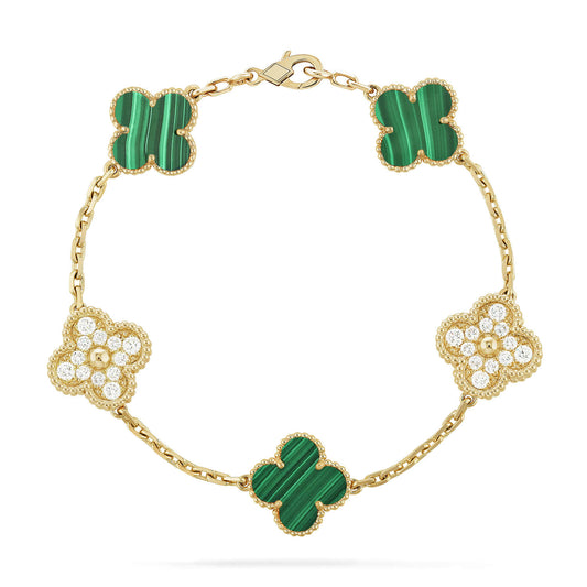 [ElanLuxe Jewelry]CLOVER  5 MOTIF MALACHITE DIAMOND BRACELET