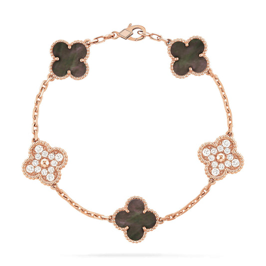 [ElanLuxe Jewelry]CLOVER 5 MOTIFS DARK MOP AND DIAMONDS PINK GOLD BRACELET