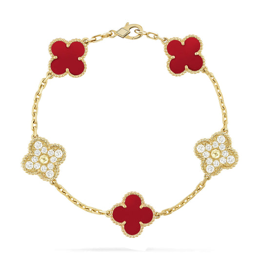 [ElanLuxe Jewelry]CLOVER 5 MOTIFS CARNELIAN DIAMOND BRACELET