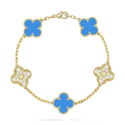 [ElanLuxe Jewelry]CLOVER 5 MOTIF BLUE CHALCEDONY DIAMOND GOLD BRACELET