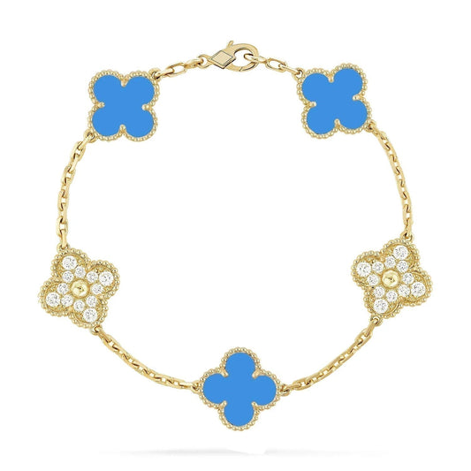 [ElanLuxe Jewelry]CLOVER 5 MOTIF BLUE CHALCEDONY DIAMOND GOLD BRACELET