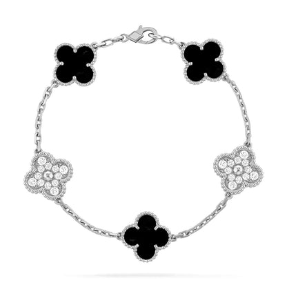 [ElanLuxe Jewelry]CLOVER 5 MOTIF ONYXS DIAMOND BRACELET SILVER