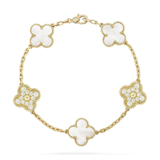 [ElanLuxe Jewelry]CLOVER BRACELET 5 MOTIF WHITE MOP DIAMOND