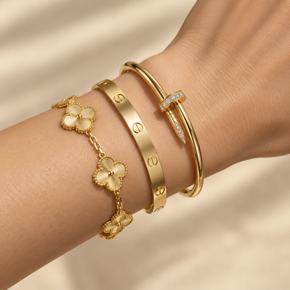 [ElanLuxe Jewelry] Clover & Love & Juste 3-Piece Gold Bracelet Stack Set
