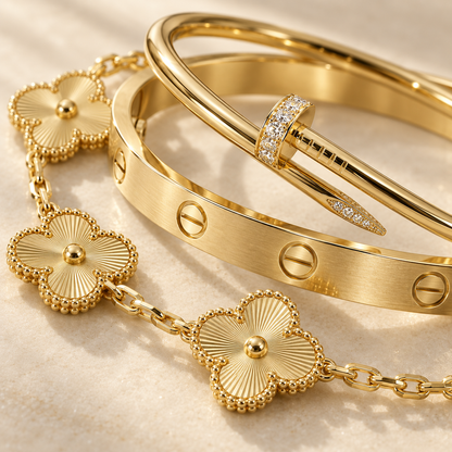 [ElanLuxe Jewelry] Clover & Love & Juste 3-Piece Gold Bracelet Stack Set