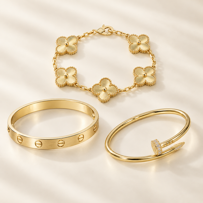 [ElanLuxe Jewelry] Clover & Love & Juste 3-Piece Gold Bracelet Stack Set