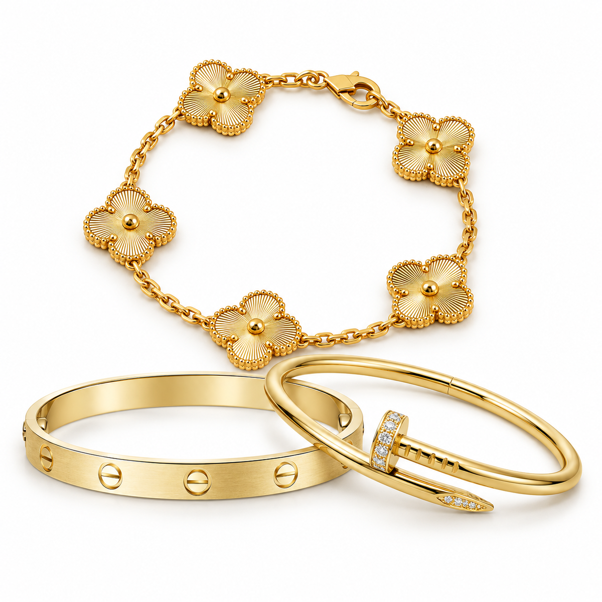 [ElanLuxe Jewelry] Clover & Love & Juste 3-Piece Gold Bracelet Stack Set