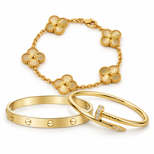[ElanLuxe Jewelry] Clover & Love & Juste 3-Piece Gold Bracelet Stack Set