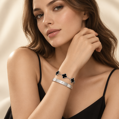 [ElanLuxe Jewelry]Clover & Love Sliver 2-Piece Bracelet Stack Set