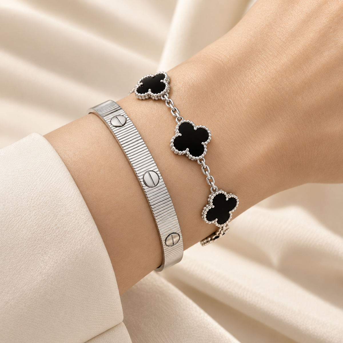 [ElanLuxe Jewelry]Clover & Love Sliver 2-Piece Bracelet Stack Set